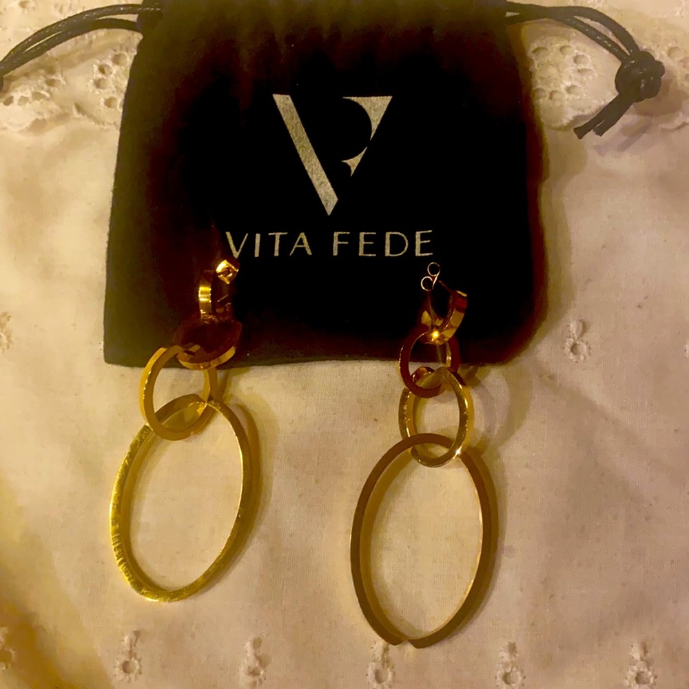 Vita Fede box of style earrings.  Never worn. Gold dangly